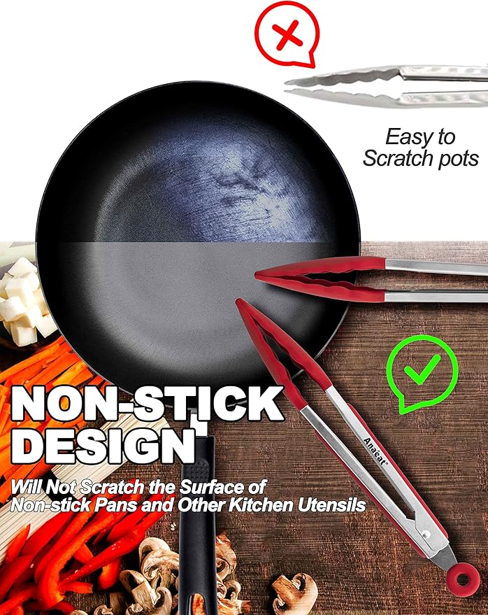 Anaeat Non-Stick Silicone Locking Tong Set of 3 - Stainless Steel 7", 9" and 12" Kitchen Food Tongs with Non-Slip Silicone Tips and Grip for Cooking, Baking and BBQ - Heat Resistant up to 480°F
