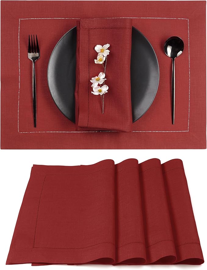 D'Moksha Homes Red Linen Placemats Set of 4 - Classic Hemstitch Placemats 14 x 19 Inch - 100% Pure Linen Table Mats for Valentines, Spring - Handcrafted and Machine Washable