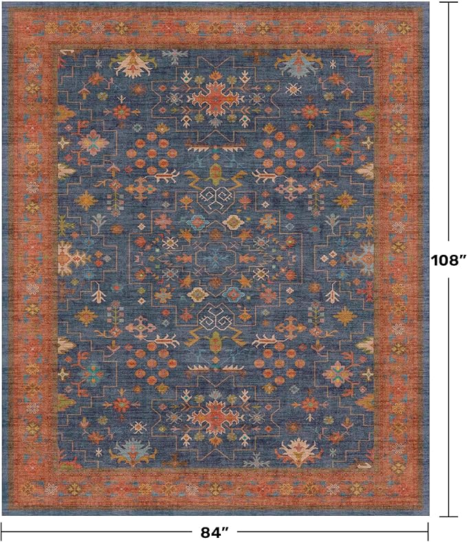 Dining Room Rugs for Under Table - 7x9 Washable Area Rug for Living Room, Low Pile Non-Slip Rugs for Bedroom - Navy Blue Vintage Boho Unique Home Decor