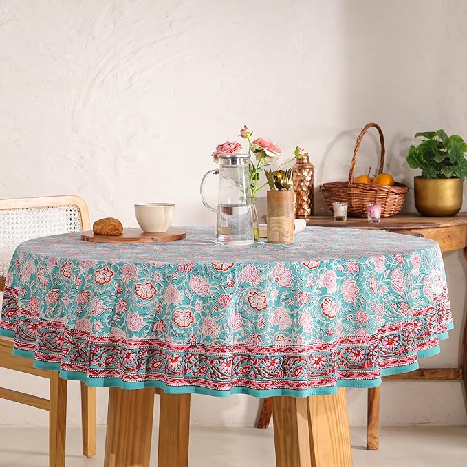 Hand Block Printed Table Cover - Exquisite Design, Premium Cotton Fabric, Perfect for Dining and Decor, Dining Table Linen (Green Delight, 6 Seater 72 Inches Round)