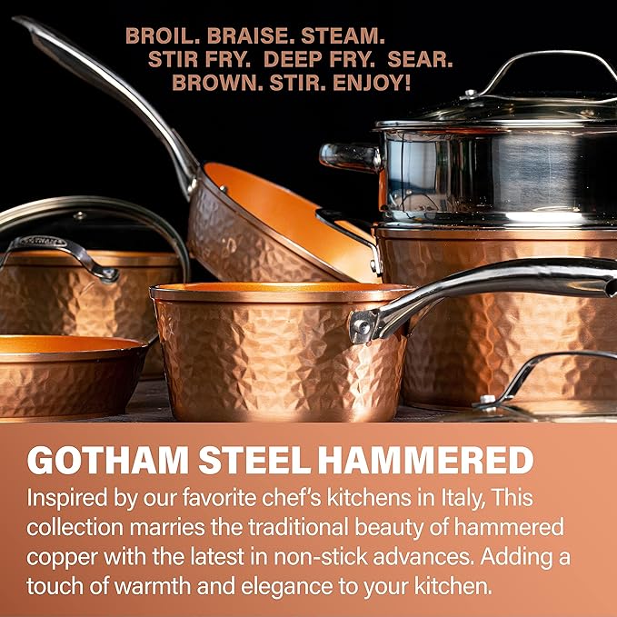 Gotham Steel 10 Inch Hammered Non Stick Frying Pans, Nonstick Frying Pan with Lid, Nonstick Pan, Ceramic Frying Pans Nonstick Skillet, Ceramic Pan, Non Stick Pan, Copper Pan, Dishwasher / Oven Safe
