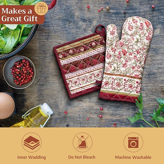 Maison d' Hermine 100% Cotton Oven Mitt & Pot Holder Set (7.5"x13" & 8"x8") Heat Resistant BBQ Cooking Gloves with Loop for Thanksgiving Christmas Decorations Handling Hot Pans (Reveillon Au Jardin)