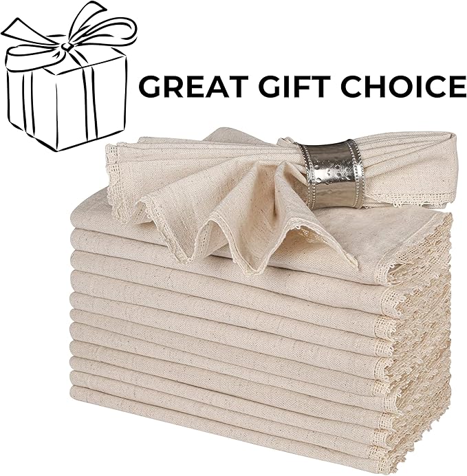 Homidate Cloth Dinner Napkins Linen Flax Cotton 18x18 Set of 12 – Natural with Lace & Mitered Corners – Machine Washable Reusable Fabric Napkins for Weddings, Parties & Table Decorations