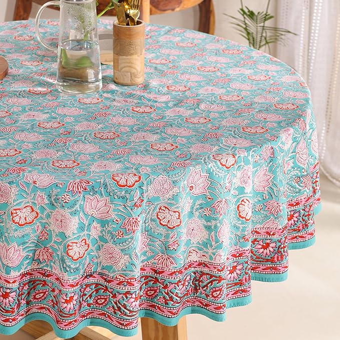 Hand Block Printed Table Cover - Exquisite Design, Premium Cotton Fabric, Perfect for Dining and Decor, Dining Table Linen (Green Delight, 6 Seater 72 Inches Round)