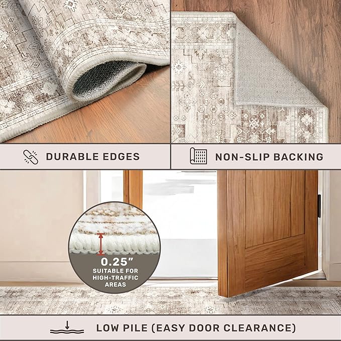 Washable Neutral Farmhouse Large Entryway Rug, 3x5 Area Rugs for Kitchen, Bedroom, Laundry Room, Nursery Room, Boho Vintage Floral Non-Slip Throw Rug Low Pile Stain Resistant (3x5 Beige/Latte)