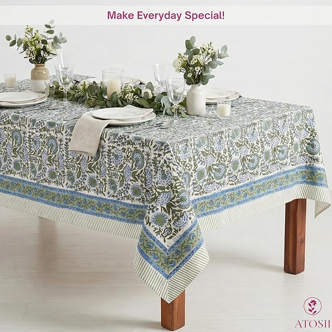 ATOSII Clover Blue 100% Cotton Rectangle Fall Tablecloth, Handblock Floral Linen Table Cloth for Kitchen Dining Table I Parties Christmas Thanksgiving I Fall Home Decor 60 X 108 Inches I 8 Seater