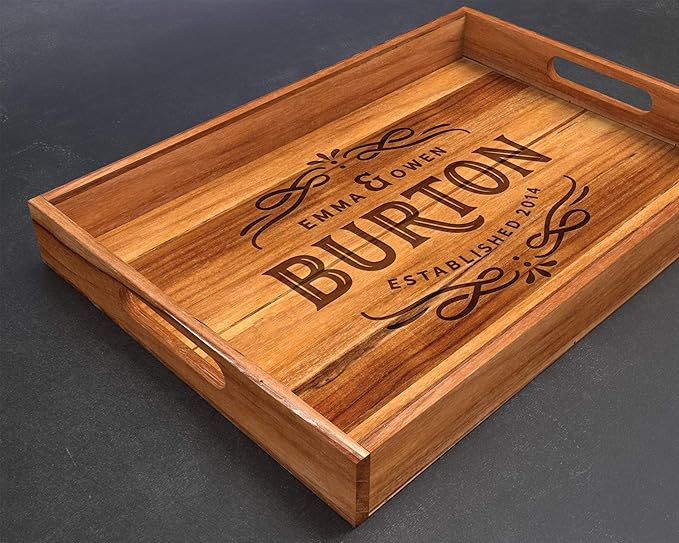 Wooden Teak Tray with Handles - Engraved First Last Names and Established Year