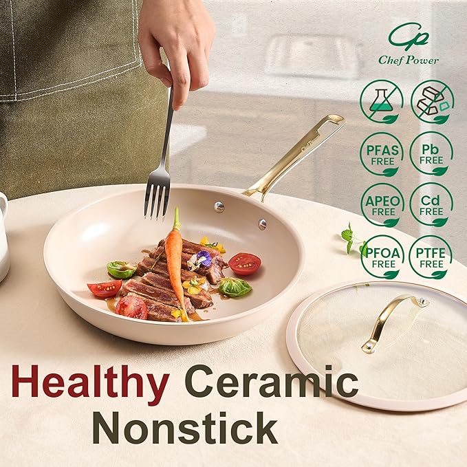 Chef Power Ceramic Cookware Sets, 10Pcs Pots and Pans Set Non Stick, Cookware Set with Stainless Steel Handle, Dishwasher & Oven Safe, Taupe and Light Gold Handle