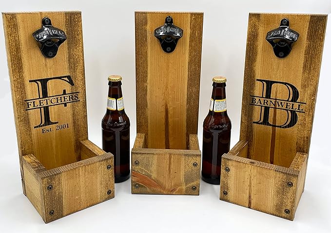 Bottle Opener with Dropbox Cap Catcher - Wall Mount or Freestanding - Laser Engraved - Personalized Christmas Gift idea for men Rustic Wood Groomsmen Gift Sets, Wedding and Anniversary Presents