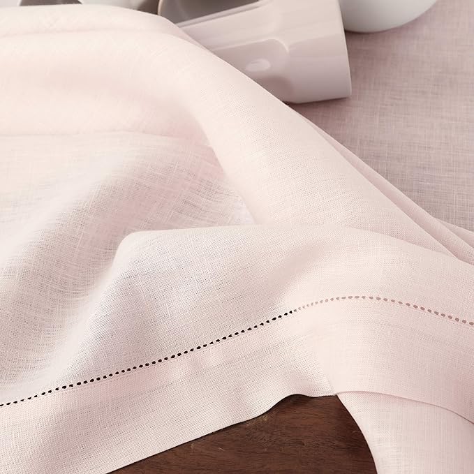 Solino Home Linen Tablecloth 60 x 132 Inch - Classic Hemstitch 100% Pure Linen Pink Table Cloth for Rectangle Tables - Machine Washable Tablecloth for Valentines, Spring, Easter