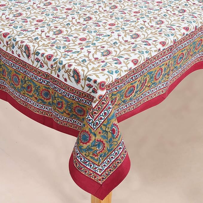 Handblock Print Cotton Tablecloth – 72x108 Rectangular Table Cover Seats 6–8 – Indian Block Printed Floral Dining Table Linen – Boho Washable Cloth for Kitchen, Party, Outdoor, Red