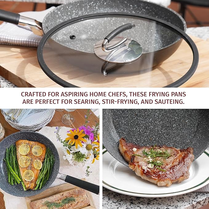 DaTerra Cucina Nonstick 2-Piece Induction Frying Bundle – 9.5" Ceramic Fry Pan & 11" Ceramic Frying Pan with Lid – Oven & Induction Safe, Nonstick Cookware, PTFE & PFOA Free - Made in Italy, Black