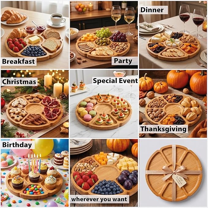 Custom Engraved Bamboo 11" Serving Tray – Personalized 7-Divided Flower Petal Platter, Perfect for Snacks, Appetizers, Charcuterie, Parties, Weddings, Housewarming, and Entertaining Gifts
