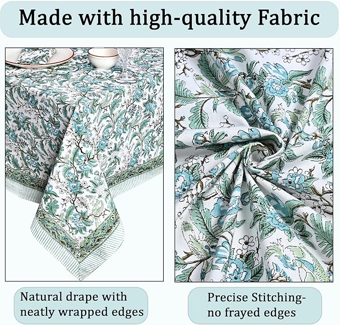 Ridhi Hand Block Print Sage Russian Green Rectangle Cotton Tablecloth 190" x 72" Reusable Table Cover Decorative Everyday Use for Dining, Farmhouse, Home Gift for Spring, Easter, Valentine