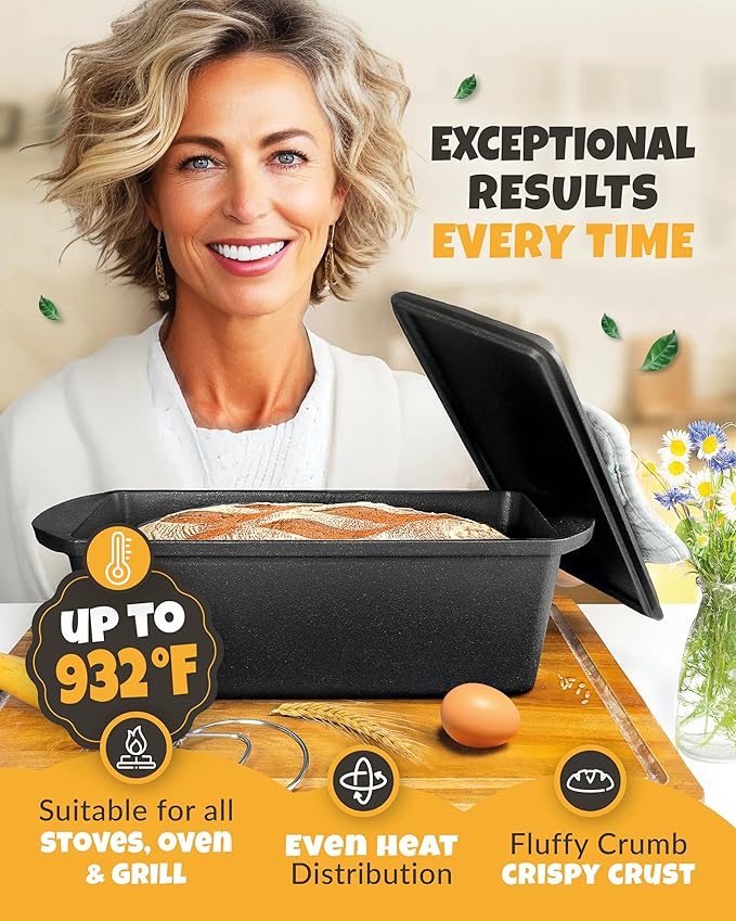 Rectangular Cast Iron Dutch Oven for Bread Baking - incl. Sourdough Bread-Baking Supplies - 3.2QT Bread-Pan for Homemade-Bread, Sour dough Bread-Pans with Lid, Bread-Oven, Bread-Baking-Pan