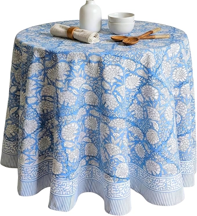ATOSII Azora Blue 100% Cotton Round Tablecloth, Handblock Print Floral Table Cloth for Kitchen Dining Linen I Parties, Weddings, Outdoors I 72" Inches Round