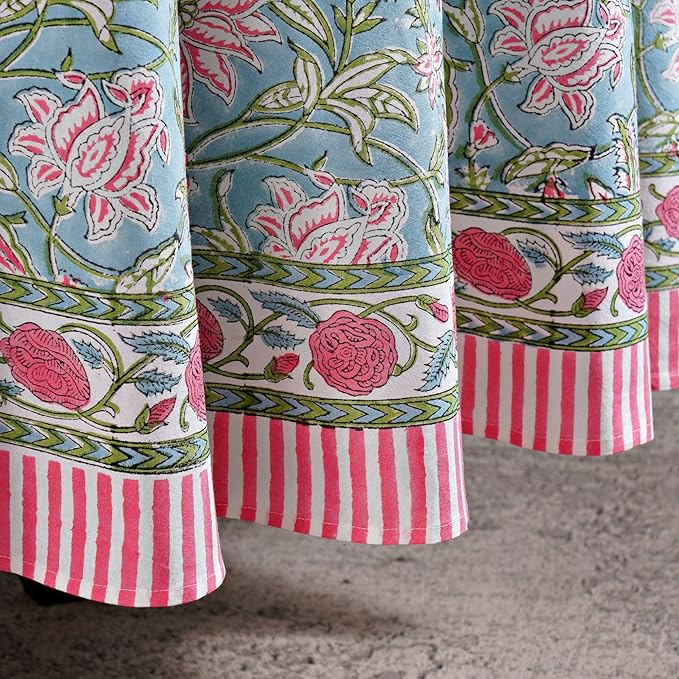Ridhi Block Print Round Turquoise Blue Reusable Tablecloth 100% Cotton 60" Inch Decorative Table Cover eveyday Dining, Home, Party, Wedding, Farmhouse Gift for Spring, Easter, Valentine