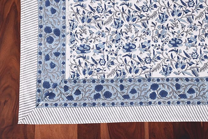 ATOSII Jodhpur Blue 100% Cotton Fall Tablecloth, Handblock Floral Print Rectangle Linen for Kitchen Dining I Parties Wedding Outdoors Holidays I Spring Summer 72 X 120 Inches I 10 Seater Table