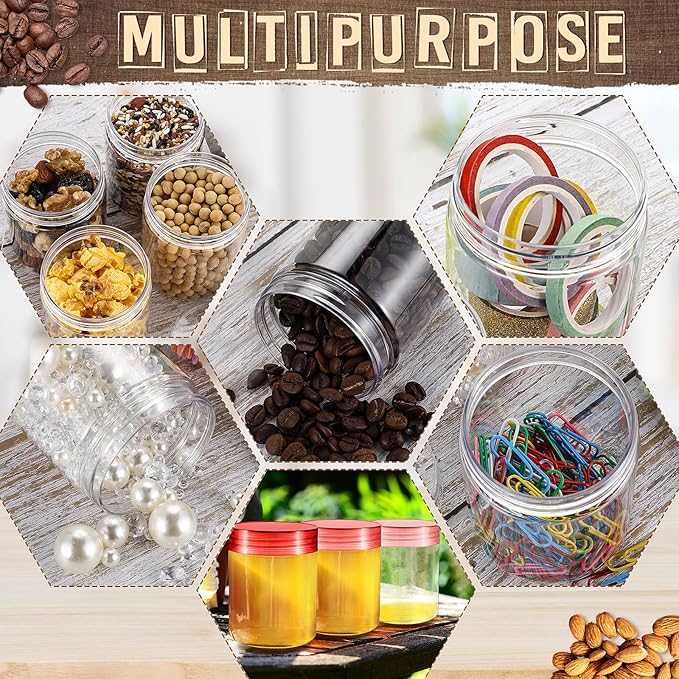 Sliner 60 Pcs 8 oz Plastic Jars with Lids Clear Round Leakproof Storage Containers Empty Refillable Plastic Mason Jars for Travel Storage Face Creams Kitchen Household Food Spice (Cute Color)