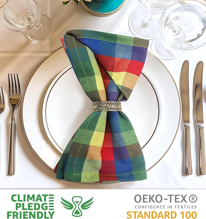 Urban Villa Cotton Dinner Napkins Set of 6, Highly Absorbent 20x20 Inches Premium Cloth Napkins Hotel Quality Reusable & Washable Table Dinner Napkins for Home & Weddings - Multi Prismatic, Checks