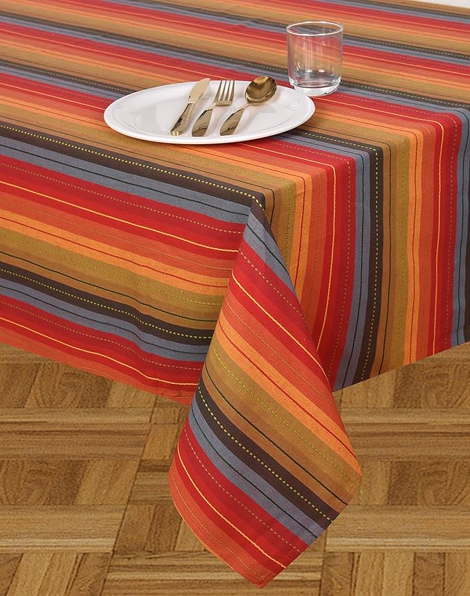 Urban Villa Tablecloth Cuisine Stripes Table Cloth Tabletop Cover Kitchen Dining Tablecloth 100% Cotton Great Parties Wedding Holiday Dinner Red Multi Rectangle 60X84 Inches 6-8 Seats Table Cloth