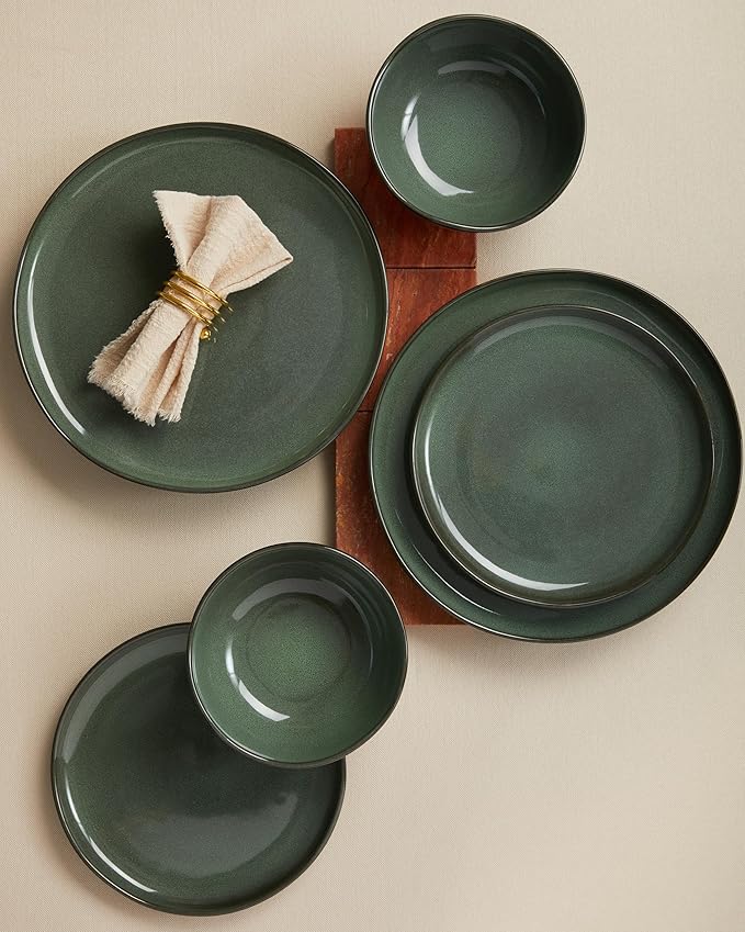 Large Holiday Dinnerware Sets for 8, Ceramic Plates and Bowls Set, Kitchen Dish Set, Microwave & Dishwasher Safe Dishware, Perfect for Christmas & Thanksgiving, Forest Green