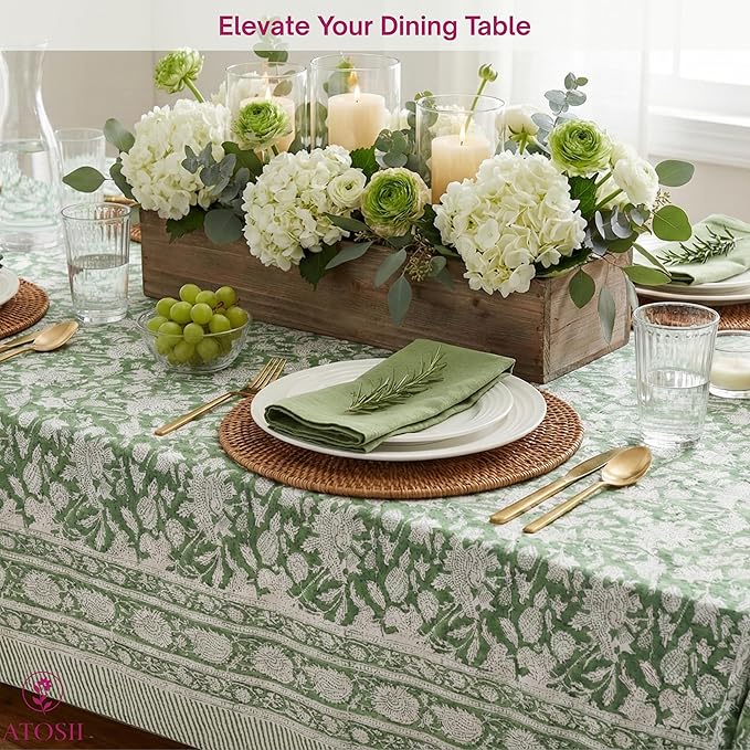 ATOSII Meraki Green 100% Cotton Rectangle Tablecloth, Hand Block Print Washable Table Cover, Dining, Christmas Parties, Outdoors, Weddings, Thanksgiving, Halloween, Fall Decor 60 X 90 Inches, 6 Seater