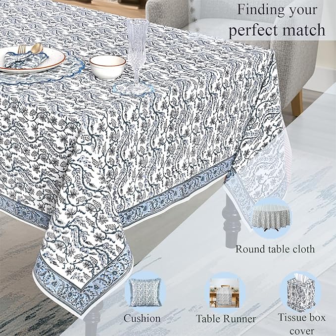 Ridhi Hand Block Print Baby Blue Eyes Rectangle Cotton Tablecloth 118" x 70" Reusable Table Cover Decorative Everyday Use for Dining, Farmhouse, Home Gift for Spring, Easter, Valentine
