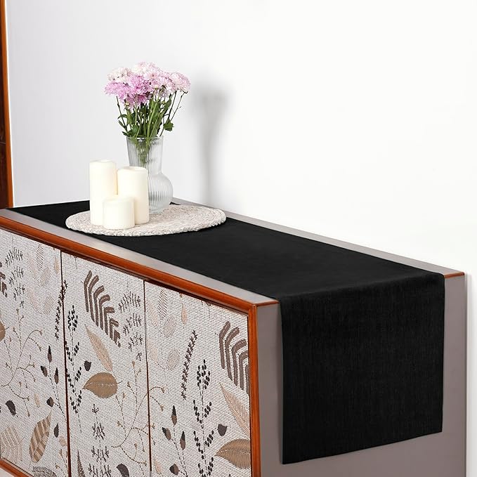 D'Moksha Homes Linen Black Table Runner 60 Inches - 100% Pure Linen Short Table Runner 14 x 60 Inch for Coffee Tables, Dresser, Spring, Easter - Machine Washable