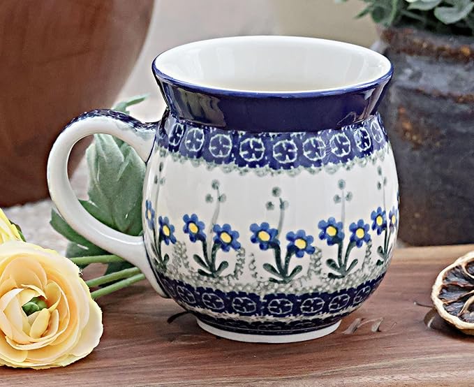 Blue Rose Polish Pottery - Blue Posy Bubble Mug - 16 oz - Unique Shape Mug for Coffee & Tea