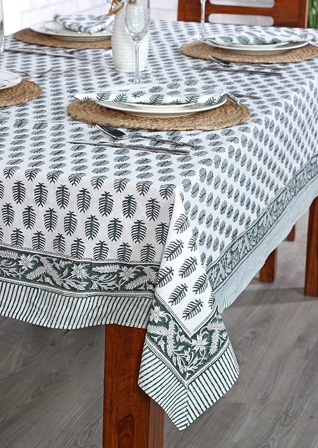 Ridhi Hand Block Print Emerald Green Rectangle Cotton Tablecloth 102" x 48" Reusable Table Cover Decorative Everyday Use for Dining, Farmhouse, Home Gift for Spring, Easter, Valentine