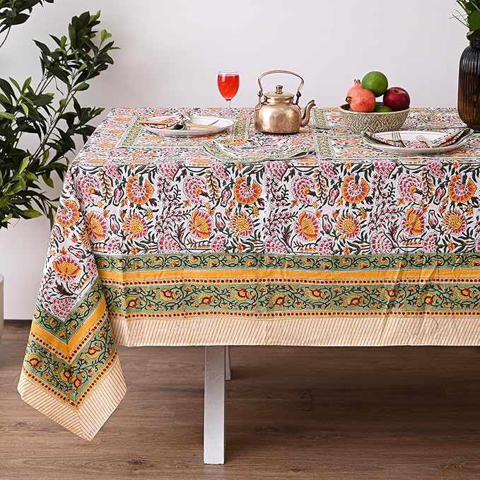Hand Block Printed Cotton Tablecloth Elegant Floral Design Perfect for Dining Table Kitchen Parties Home Decor, Wall Tapestry (Yellow Sunflower, 10 Seater 72 x 118 Inches Rectangle)
