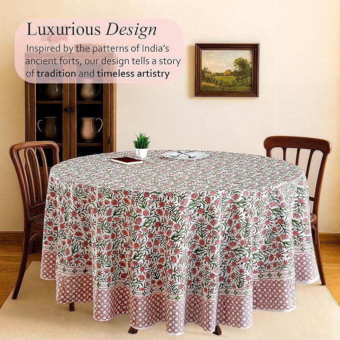 CPC Round Tablecloth- Cotton Indian Block Print Tablecloth -Handmade Printed Washable Cotton Table Cloth - Spring/Summer, Wedding Table Cover - Red Garnet 110 Inches