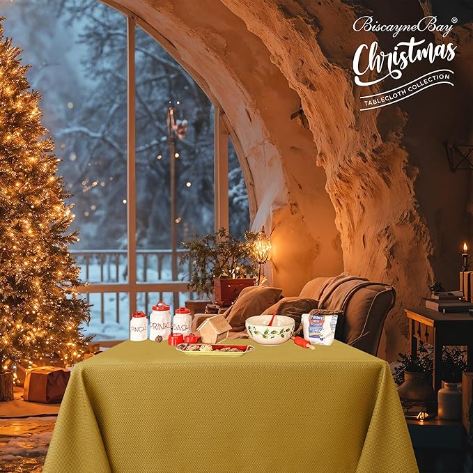 Biscaynebay Textured Fabric Square Christmas Tablecloths 54x54 Inches, Gold Water Resistant Spill Proof Tablecloths for Dining, Kitchen, Wedding and Parties, etc. Machine Washable