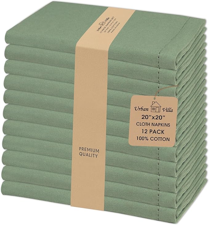 Urban Villa Cloth Napkins Hemstitch Dinner Napkins Set of 12 20X20 100% Cotton Absorbent Washable Durable Reusable Cloth Napkins for Farmhouse Party Hotel Lunch Restaurant Everyday Use - Sage