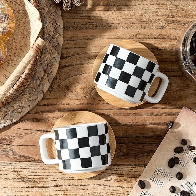 LUKA Porcelain Stackable Black and White Checkered Espresso Cups with Saucers and Metal Stand, 4 Ounce Small Ceramic Demitasse Cups Set for Coffee Drinks, Latte, Tea - Set of 4, White Interior