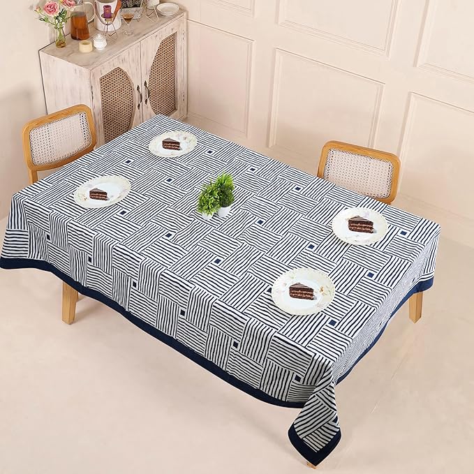 Handblock Print Cotton Tablecloth – 72x108 Rectangular Table Cover Seats 6–8 – Indian Block Printed Floral Dining Table Linen – Boho Washable Cloth for Kitchen, Party, Outdoor, Dark Blue