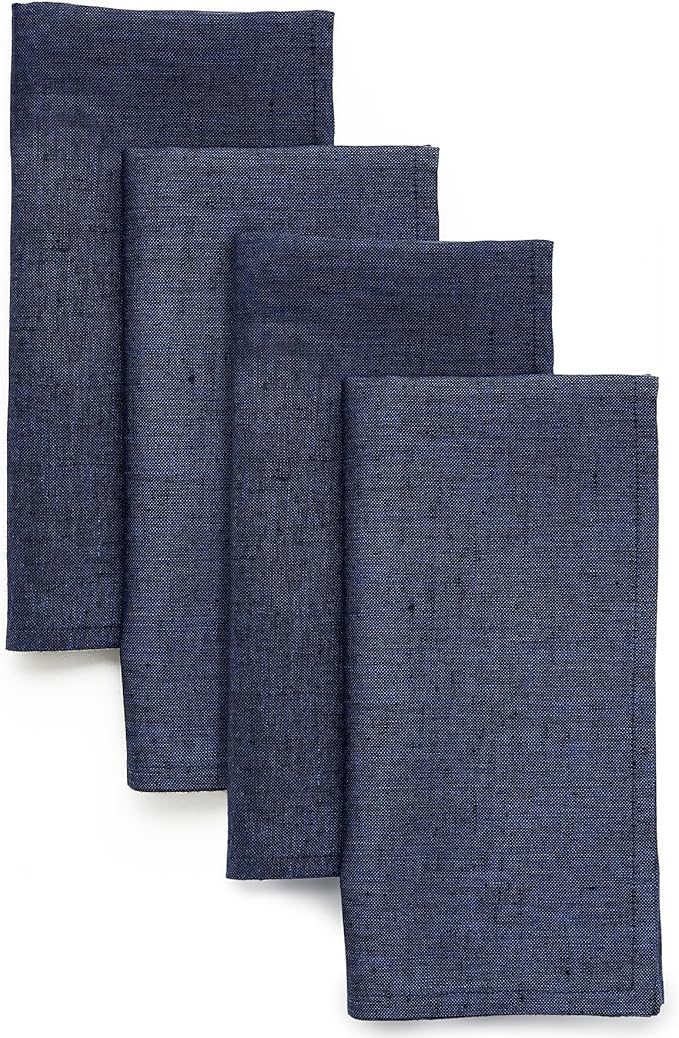 Solino Home Linen Cloth Napkins Set of 4-100% Pure Linen Chambray Navy Dinner Napkins 20 x 20 Inch for Winter, Spring - Athena, Handcrafted and Machine Washable
