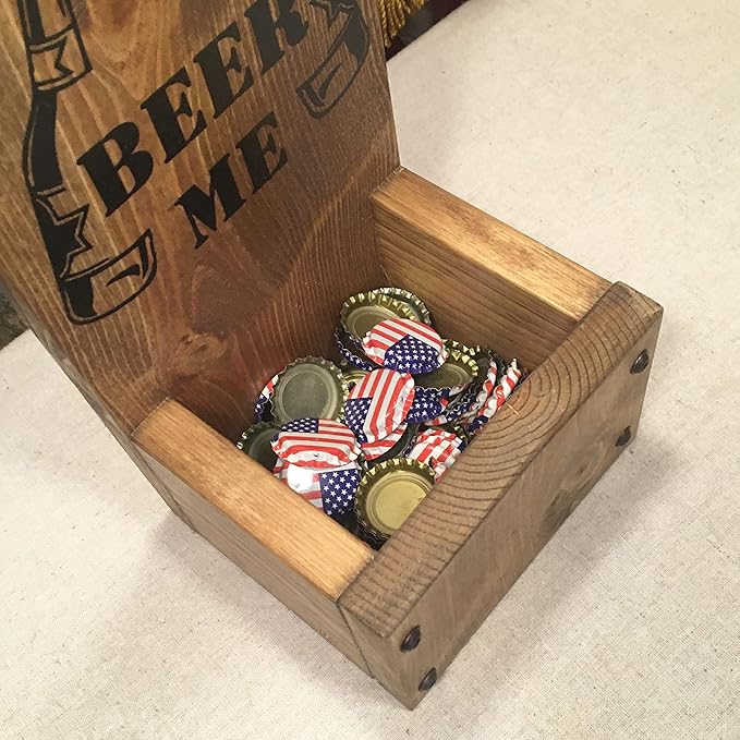 Bottle Opener with Dropbox Cap Catcher - Wall Mount or Freestanding - Laser Engraved - Personalized Christmas Gift idea for men Rustic Wood Groomsmen Gift Sets, Wedding and Anniversary Presents