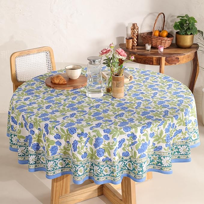 Hand Block Printed Table Cover - Exquisite Design, Premium Cotton Fabric, Perfect for Dining and Decor, Dining Table Linen (Dusky Leaf Whisper, 6 Seater 72 Inches Round)