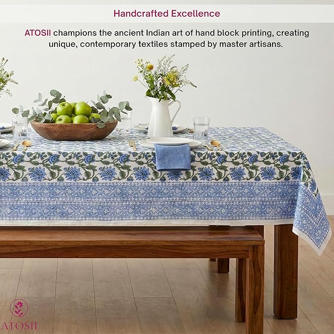ATOSII Taj 100% Cotton Fall Autumn Tablecloth, Hand Block Print Floral Rectangle Table Cloth Linen for Dining Buffet Parties Weddings Outdoors Christmas Thanksgiving Decor 60 X 90 Inches, 6 Seater