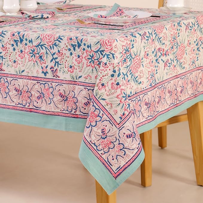 Hand Block Printed Table Cover - Exquisite Design, Premium Cotton Fabric, Perfect for Dining and Decor, Dining Table Linen(Salmon Pink,8 Seater 70 x 108 Inches Rectangle)