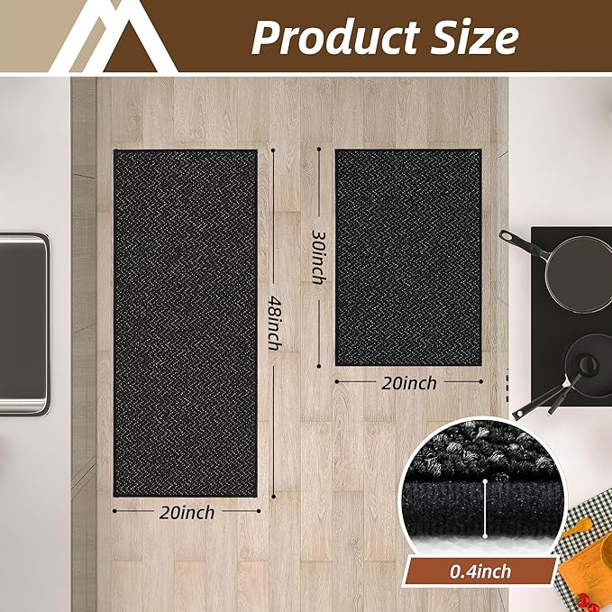 COSY HOMEER Kitchen Rugs and Mats 2PCS Non Slip Kitchen Mats for Floor Washable Stain Resistant Kitchen Runner Rug Sets Absorbent Kitchen Floor Mat 20"x32"+20"x48",Black