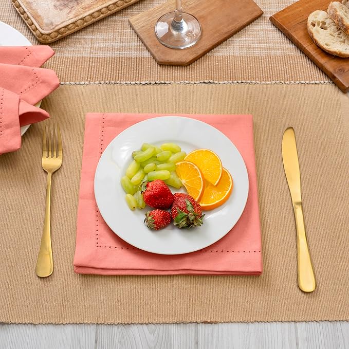 Blue Needles Set of 6 Hemstitch Linen Napkins 100% Cotton Salmon Cloth Dinner Napkins 18x18 inches, Soft, Reusable, Absorbent, Washable, Ideal for Wedding Events, Parties & Everyday Use