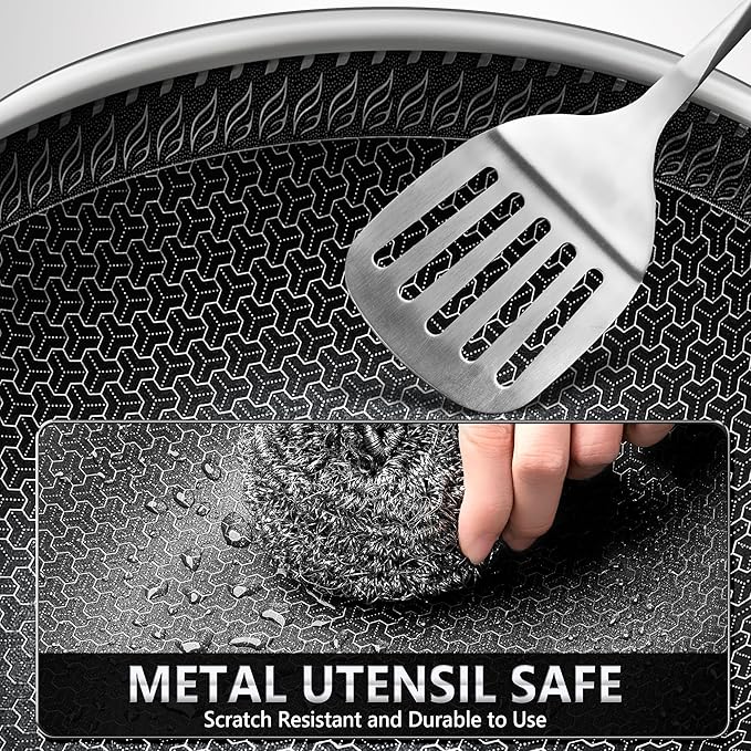 MICHELANGELO Honeycomb Wok Pan with Lid, 12.5 Inch Stainless Steel Woks & Stir-fry Pans with Stay Cool Handle, Flat Bottom Wok with Vertical Lid, Induction Wok, Dishwasher Oven Safe