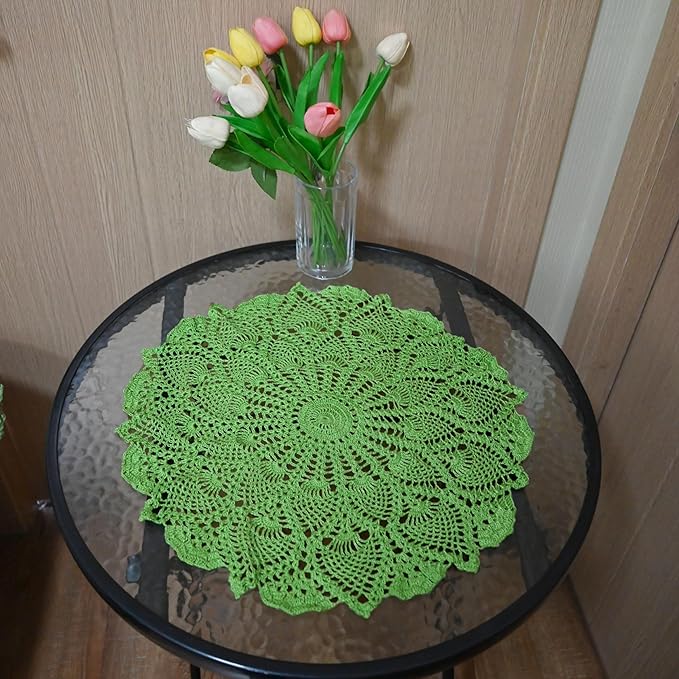BIBITIME Lace Placemats Table Doilies Round Handmade Crochet Doily Kitchen Coffee Cup Mug Mats Dinner Place Mats (16 to 17.5 inches-2PCS, Light Green)