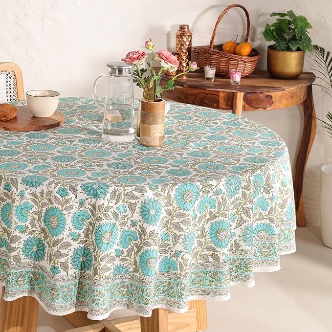 Hand Block Printed Table Cover - Exquisite Design, Premium Cotton Fabric, Perfect for Dining and Decor, Dining Table Linen (Flamingo Bloom, 6 Seater 72 Inches Round)