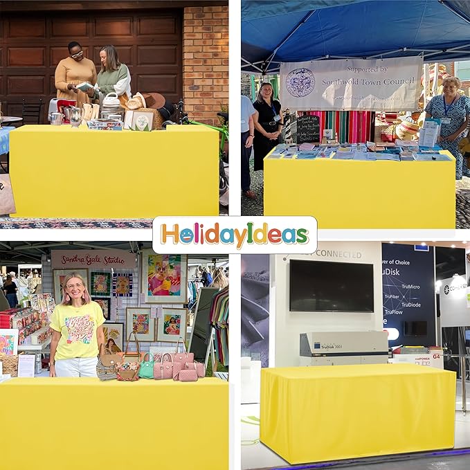 HolidayIdeas Open Back Fitted Tableclothss for 8 Foot Rectangle Table, Wrinkle Resistant Washable Table Covers 96x30 Inch for Craft Fairs, Banquets, Trade Show Display, Yellow,4 Pcs
