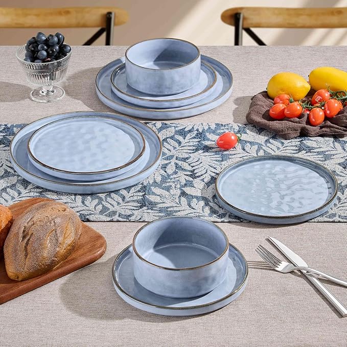 Herogo 12 Pieces Dinnerware Sets for 4, Ceramic Serving Dishes Sets, Stoneware Plates and Bowls for Kitchen Dining, Dishwasher & Microwave Safe, Haze Blue