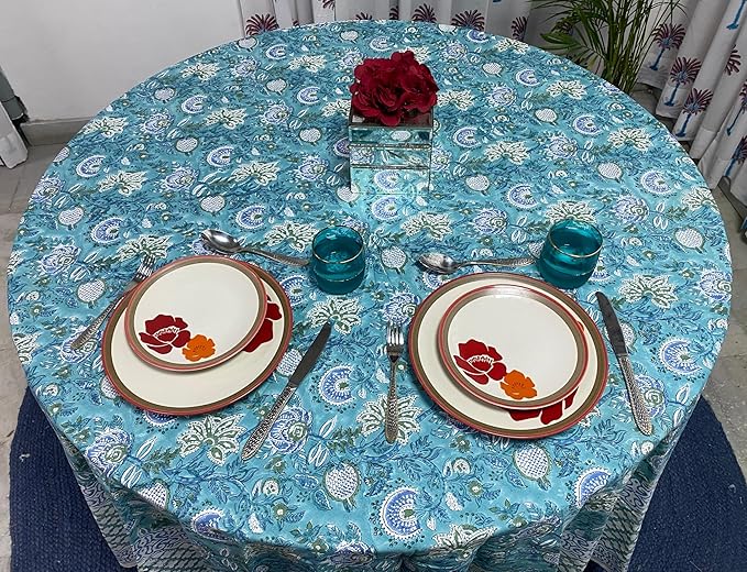 Ridhi Block Print Round Turquoise & Steel Blue Reusable Tablecloth 100% Cotton 110" Inch Decorative Table Cover eveyday Dining, Home, Party, Wedding, Farmhouse Gift for Spring, Easter, Valentine